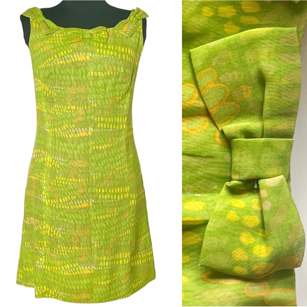 60s Mini Dress Bow Tie Design Lime Green Vintage Minidress Sleeveless Lime Green